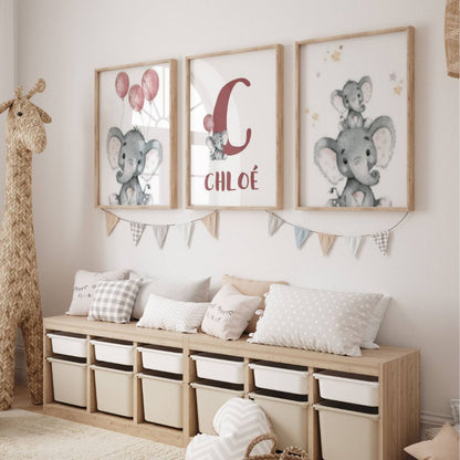 Affiche chambre bébé fille avec illustration éléphant et prénom personnalisé