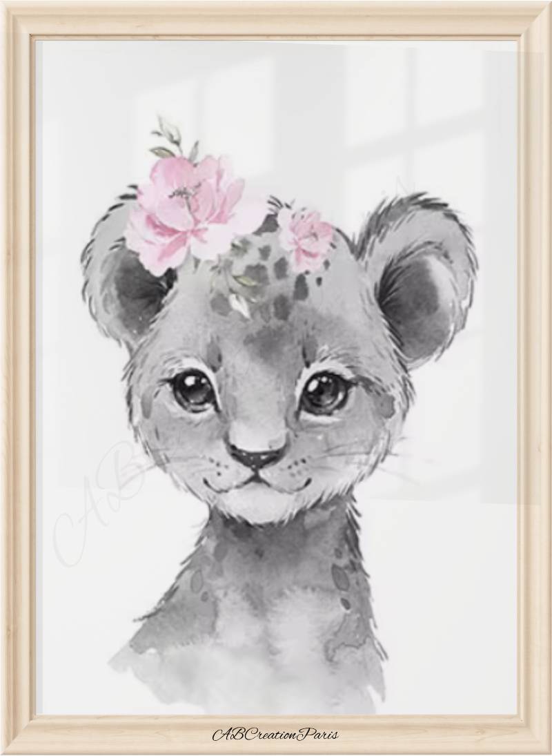 affiche murale lion et fleur vieux rose pour chambre bebe fille