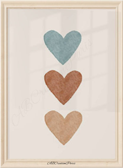 affiche chambre bebe mixte,  triple cœur terracotta