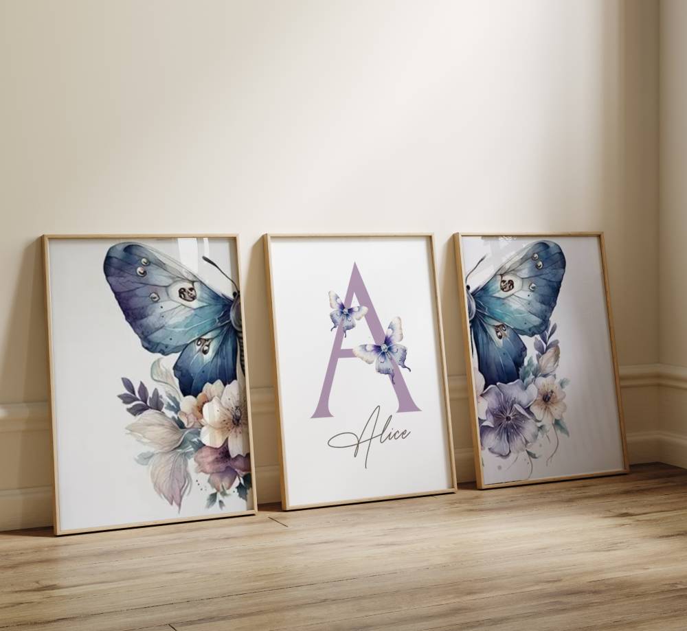trio d'affiche chambre bébé fille theme papillon et prénom personnalisé