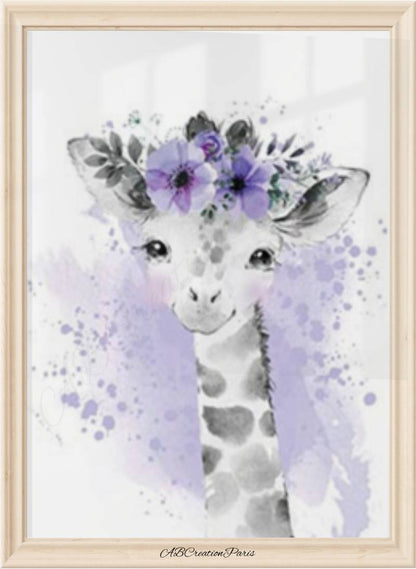 affiche girafe violette couronne florale pour déco chambre bébé fille