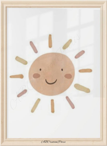 Poster soleil souriant pour enfant – illustration météo douce en tons pastel pour chambre bébé