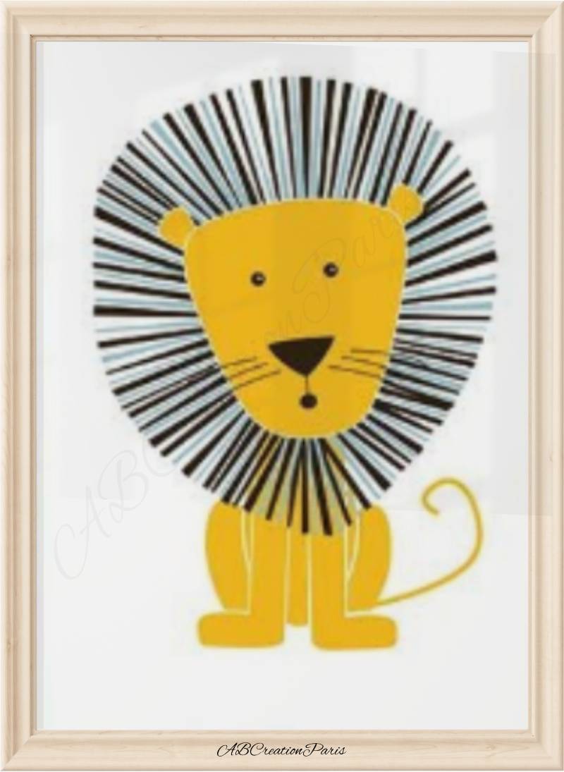affiche chambre bébé avec le dessin d'un lion minimaliste jaune et noir