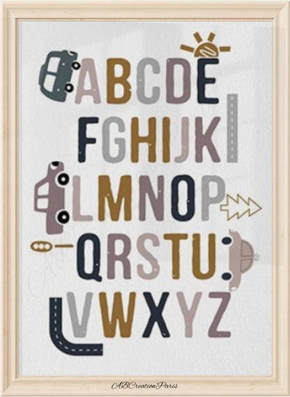 affiche alphabet, abécédaire pour chambre garçon thème voiture 