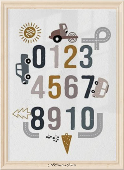 affiche éducative thème voiture nombre coloris bleu et gris