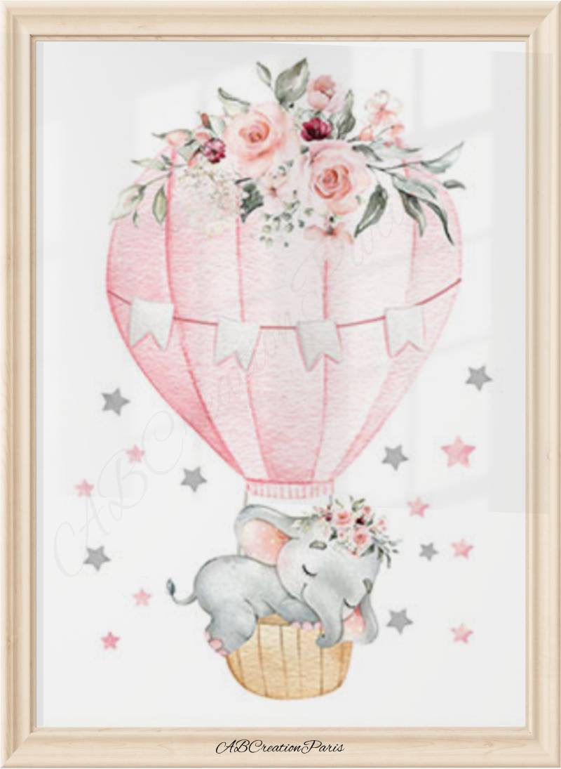 Affiche montgolfière éléphant pour bébé fille – illustration murale animaux et fleurs