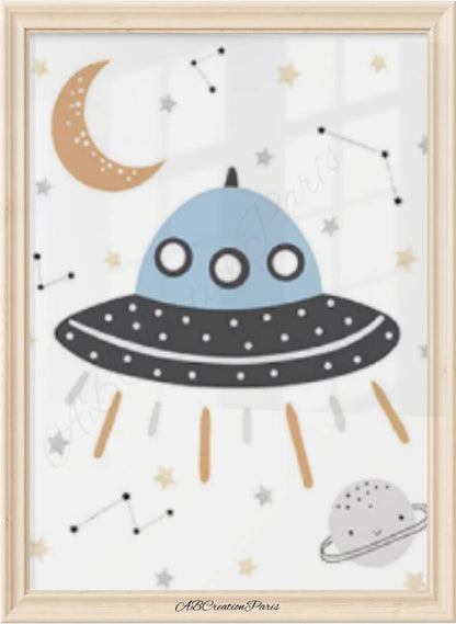 affiche murale pour chambre d'enfant représentant un vaisseau spécial dans les ton bleu et gris