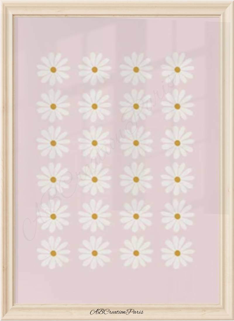 affiche fond rose et marguerite blanche coeur jaune 
