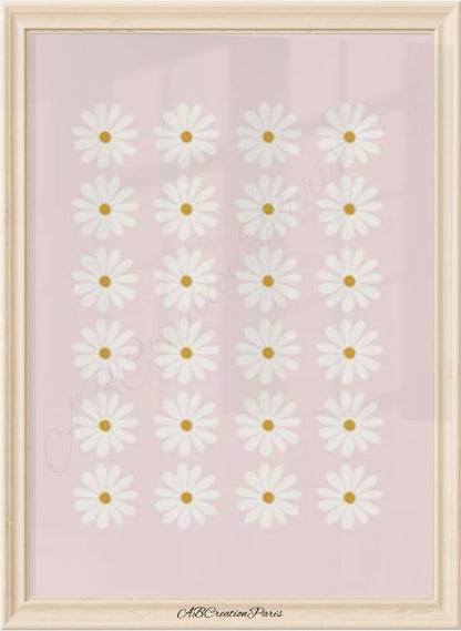 affiche fond rose et marguerite blanche coeur jaune 
