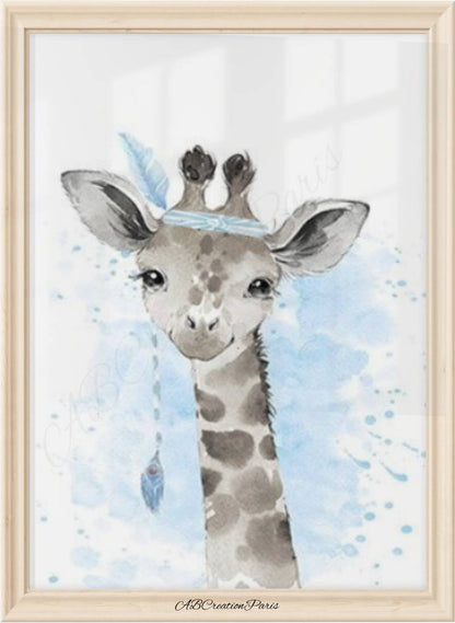 affiche girafe bleu chambre bébé garçon