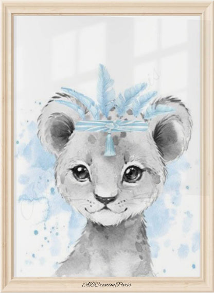 affiche lion plume bleu chambre bébé garçon déco murale animaux