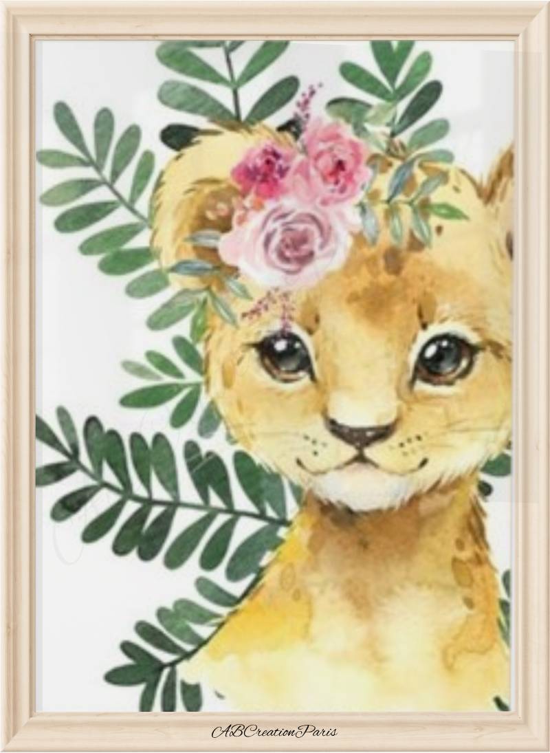 affiche lion et fleur rose pour décoration chambre bébé fille