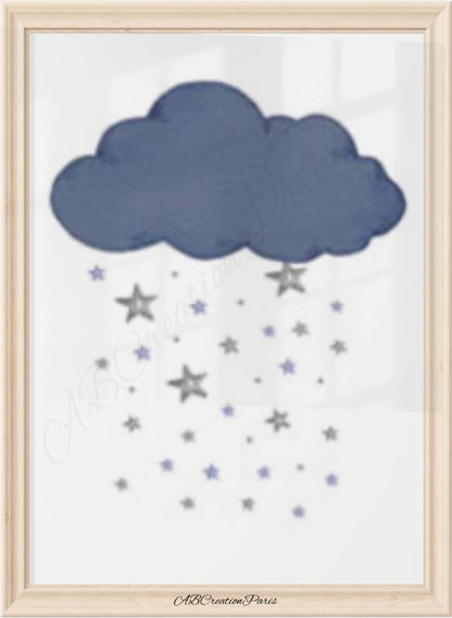 poster nuage bleu  et pluie d'étoile grise pour chambre bebe 