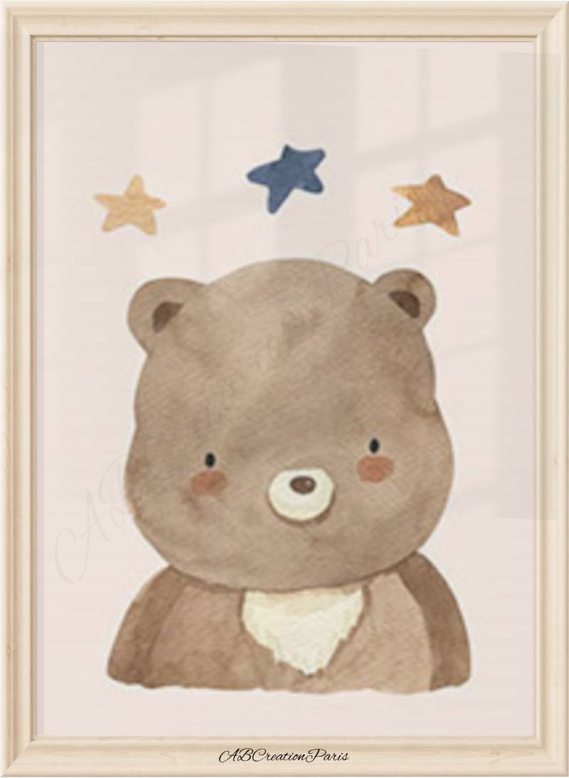 affiche murale chambre bebe représentant un bébé ours avec des étoiles au dessus de sa tête