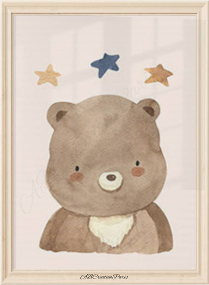 affiche murale chambre bebe représentant un bébé ours avec des étoiles au dessus de sa tête