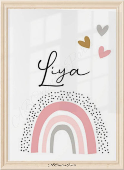 toile murale chambre bebe fille personnalisé avec arc en ciel, le prénom et trois petit coeur