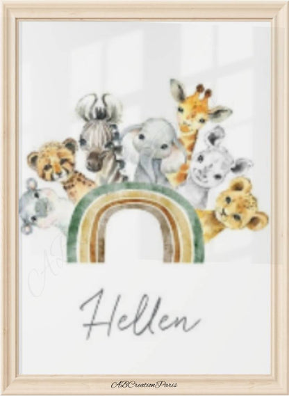 tableau chambre bebe personnalise theme jungle et arc en ciel 