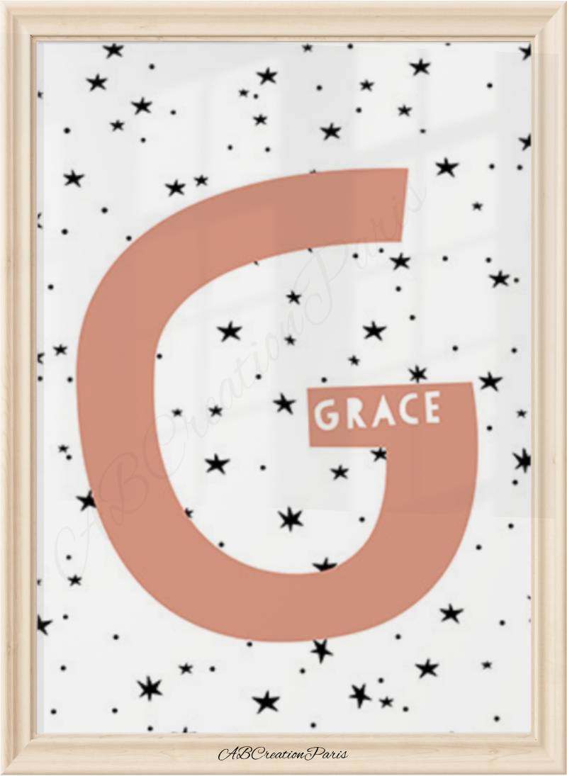 affiche prénom personnalisation avec initiale terracotta et prénom blanc