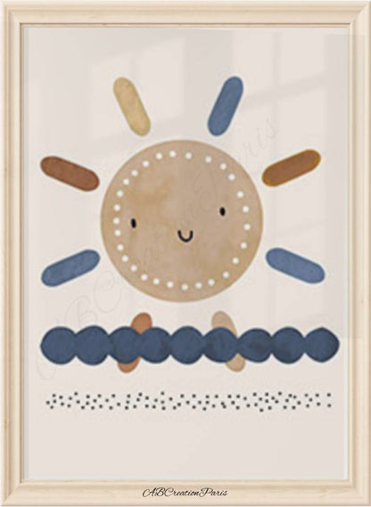 affiche chambre bebe soleil terracotta et bleu