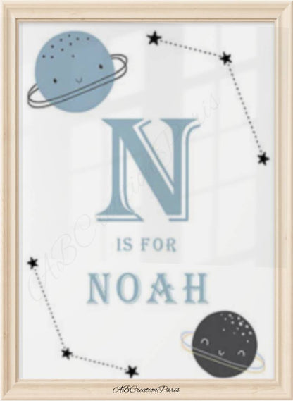 Affiche personnalisé avec initiale et prénom sur le thème de l'espace