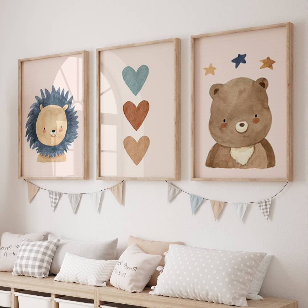 Décoration chambre enfant terracotta, affiche lion, ours et triple cœurs