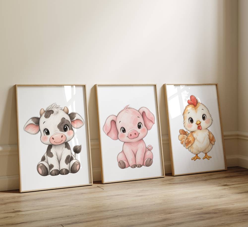 affiche animaux de la ferme. Triptyque posé au sol avec une vache, un cochon et une poule 