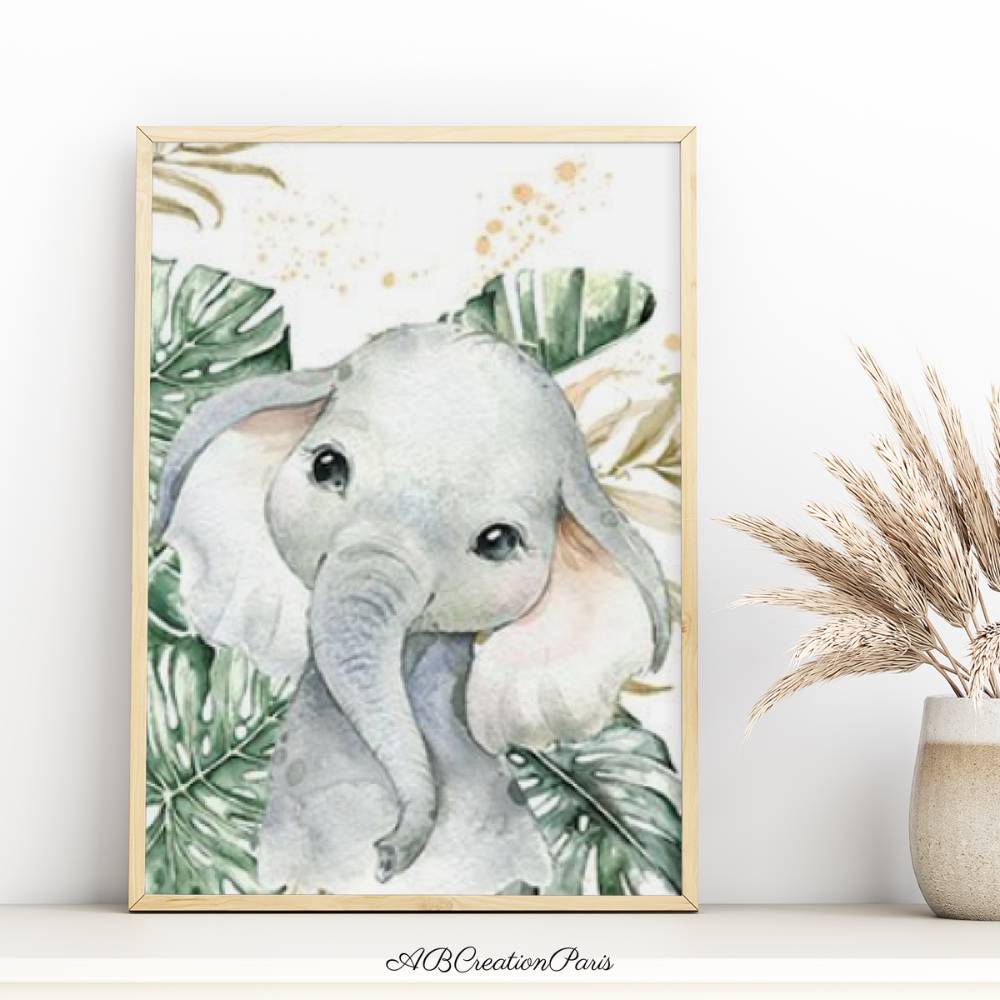 affiche representant un petit elephant et des feuillages en arriere plan