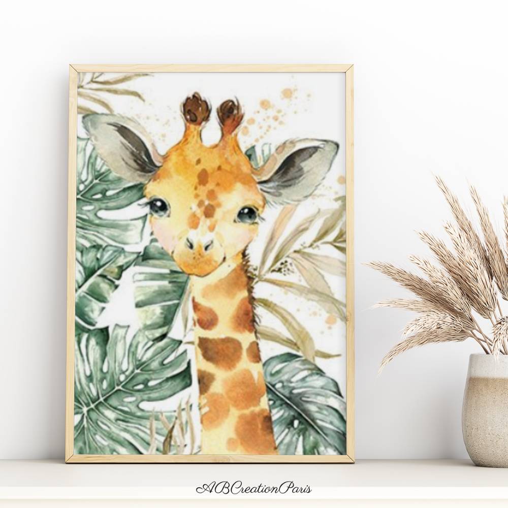 affiche representant un petit girafe et des feuillages en arriere plan
