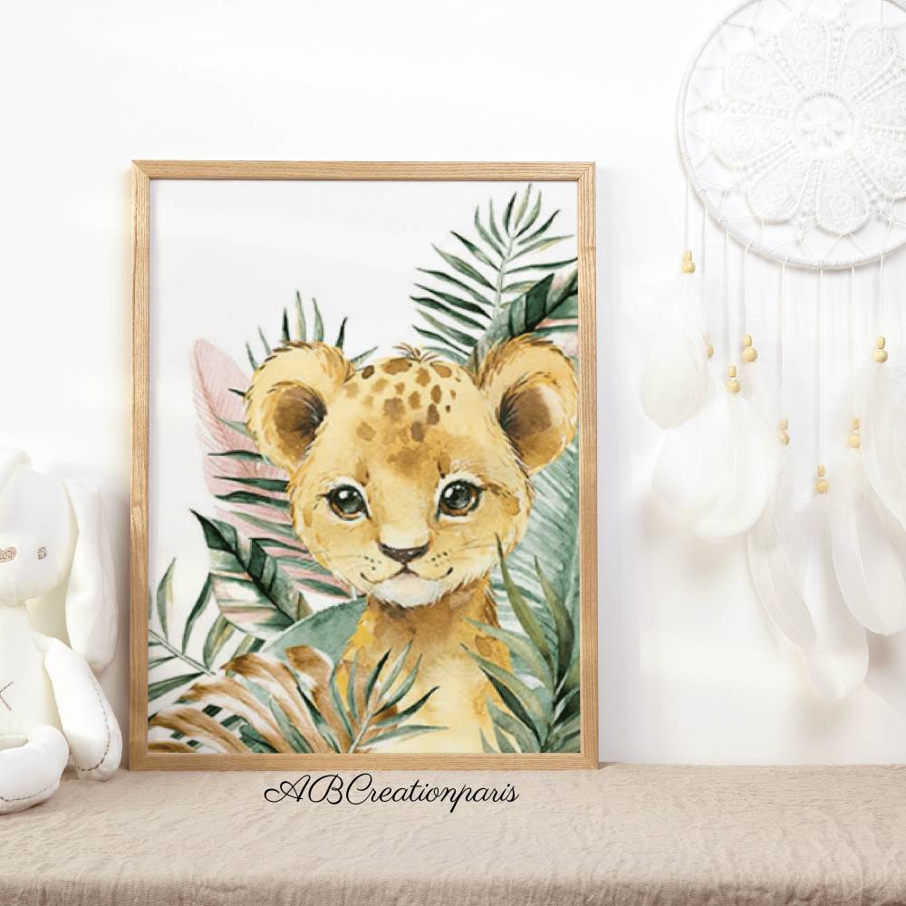 affiche representant un petit lion et des feuillages en arriere plan