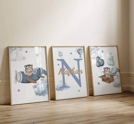 affiche ourson dans un avion pour chambre bebe garcon 