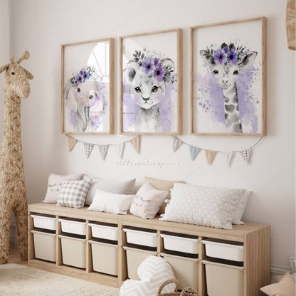 affiches animaux savane violets pour déco murale chambre bébé fille originale