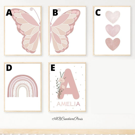 illustration du set, A et B pour les ailles, C pour les 3 coeurs rose, D pour l'arc en ciel et E pour l'initiale 