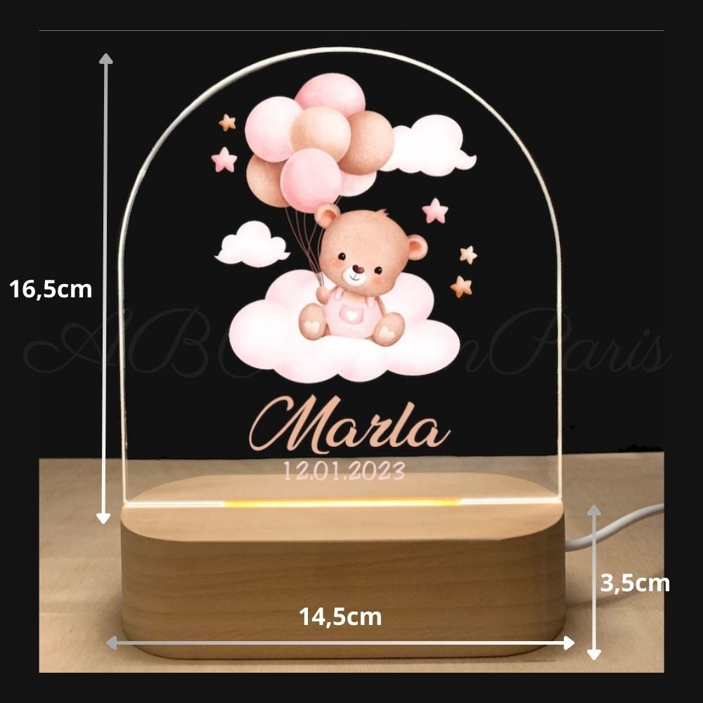 Veilleuse Bébé Personnalisée Ourson et Ballons Roses