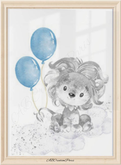 affiche bébé lion en noir et blanc tenant 2 ballons aquarelle bleu ciel