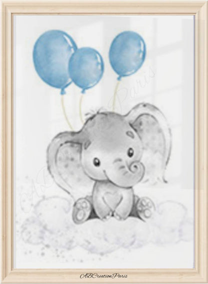 affiche bébé éléphant sur un nuage en noir et blanc tenant 3 ballons aquarelle bleu ciel