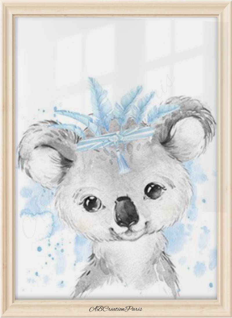 affiche animaux de la jungle bleu enfant cadre bébé koala