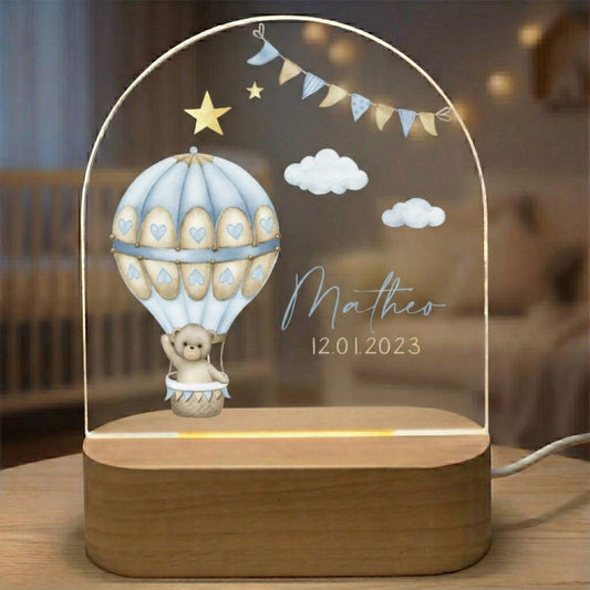 veilleuse chambre bebe garçon avec ourson dans une montgolfière 