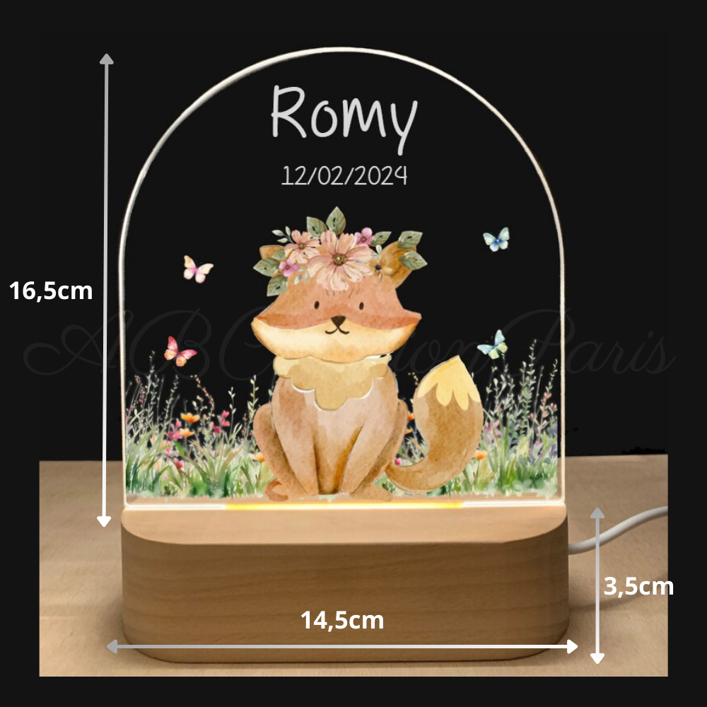 Veilleuse Personnalisée Renard avec Couronne de Fleurs