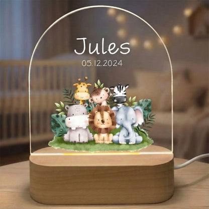 veilleuse bébé animaux de la jungle avec personnalisation prénom et date de naissance