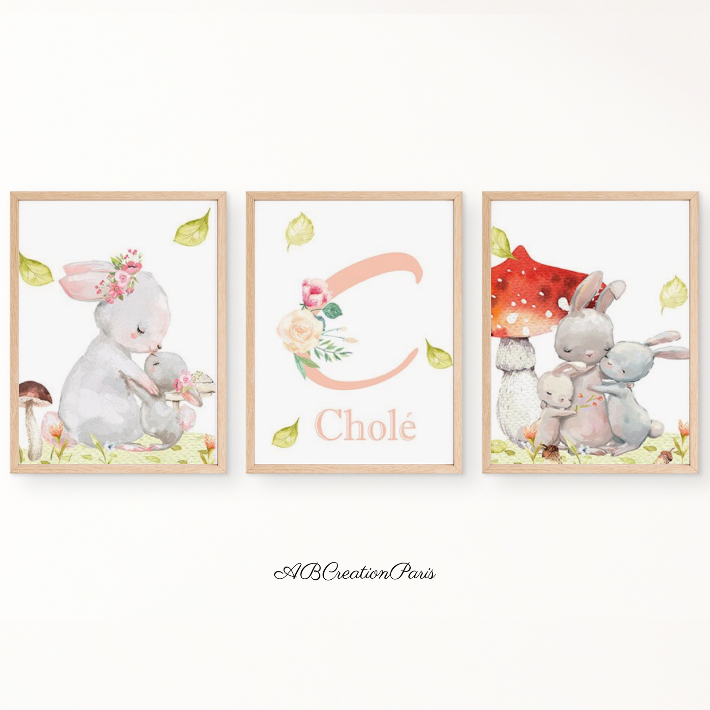 trio d'affiche lapins thème automnale et une affiche avec initiale et prénom