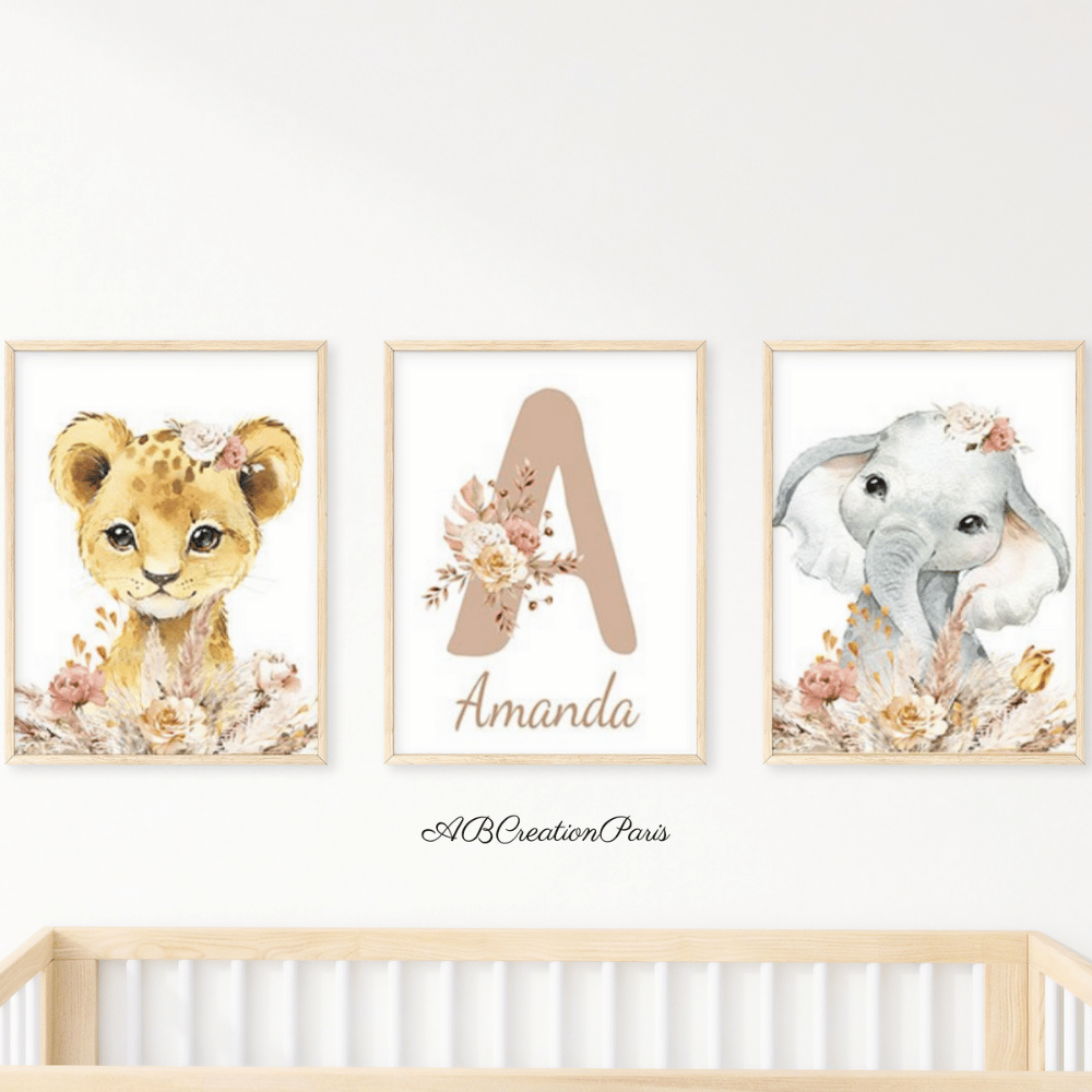 affiche chambre fille animaux beige