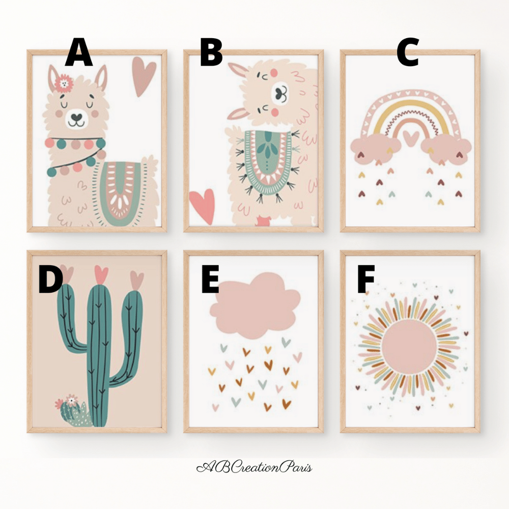 illustration pour chambre d'enfant, lama, arc en ciel, cactus, soleil et arc en ciel