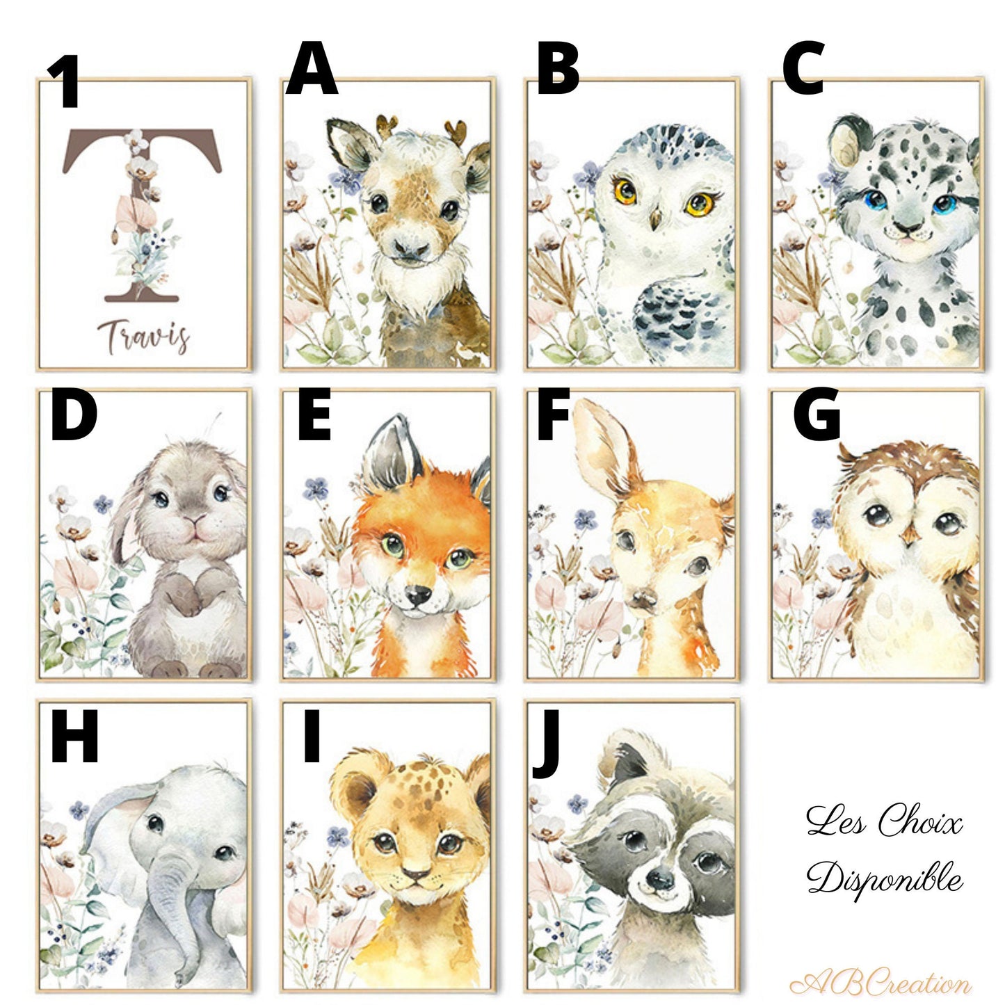 affiche sur le thème des animaux de la foret pour décoration murale chambre bébé mixte 