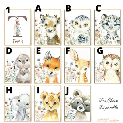 affiche sur le thème des animaux de la foret pour décoration murale chambre bébé mixte 