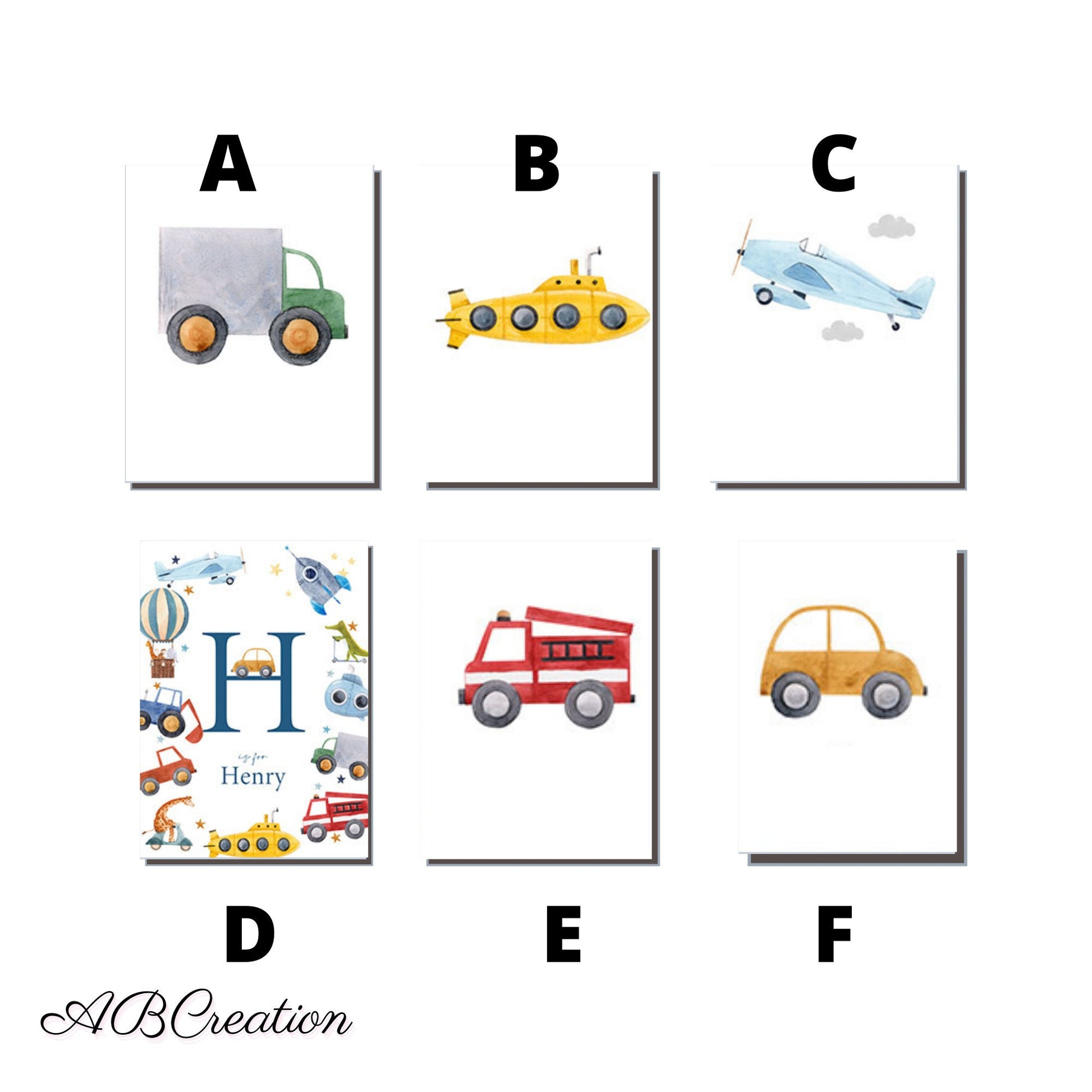 illustration véhicule en aquarelle et affiche personnalise thème voiture et avion avec le prénom de l'enfant 