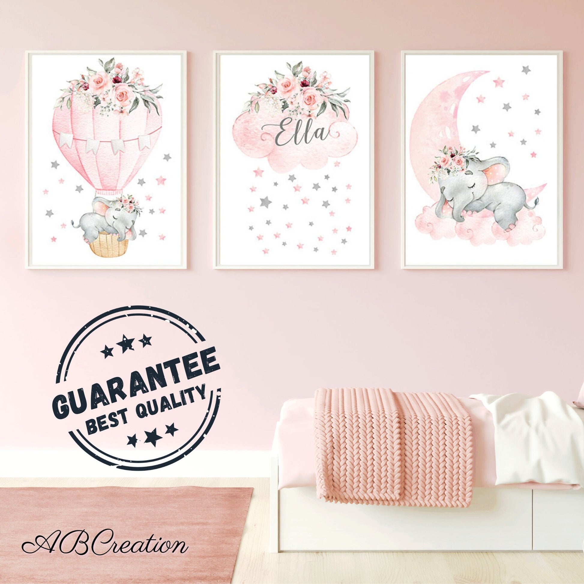 trio d'affiche dans les tons roses pour chambre fille, Elephant, nuage et montgolfière ! Affiche personnalisé 