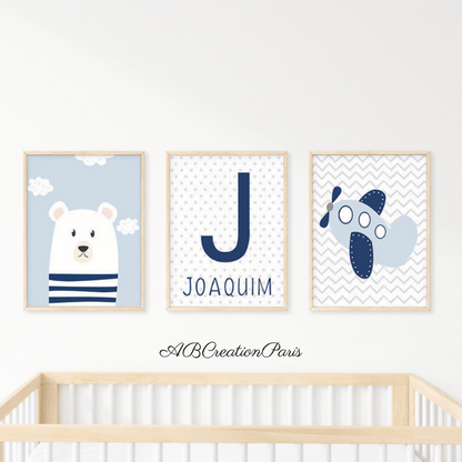 trio d'affiche pour chambre garcon un ours une affiche prenom et un avion
