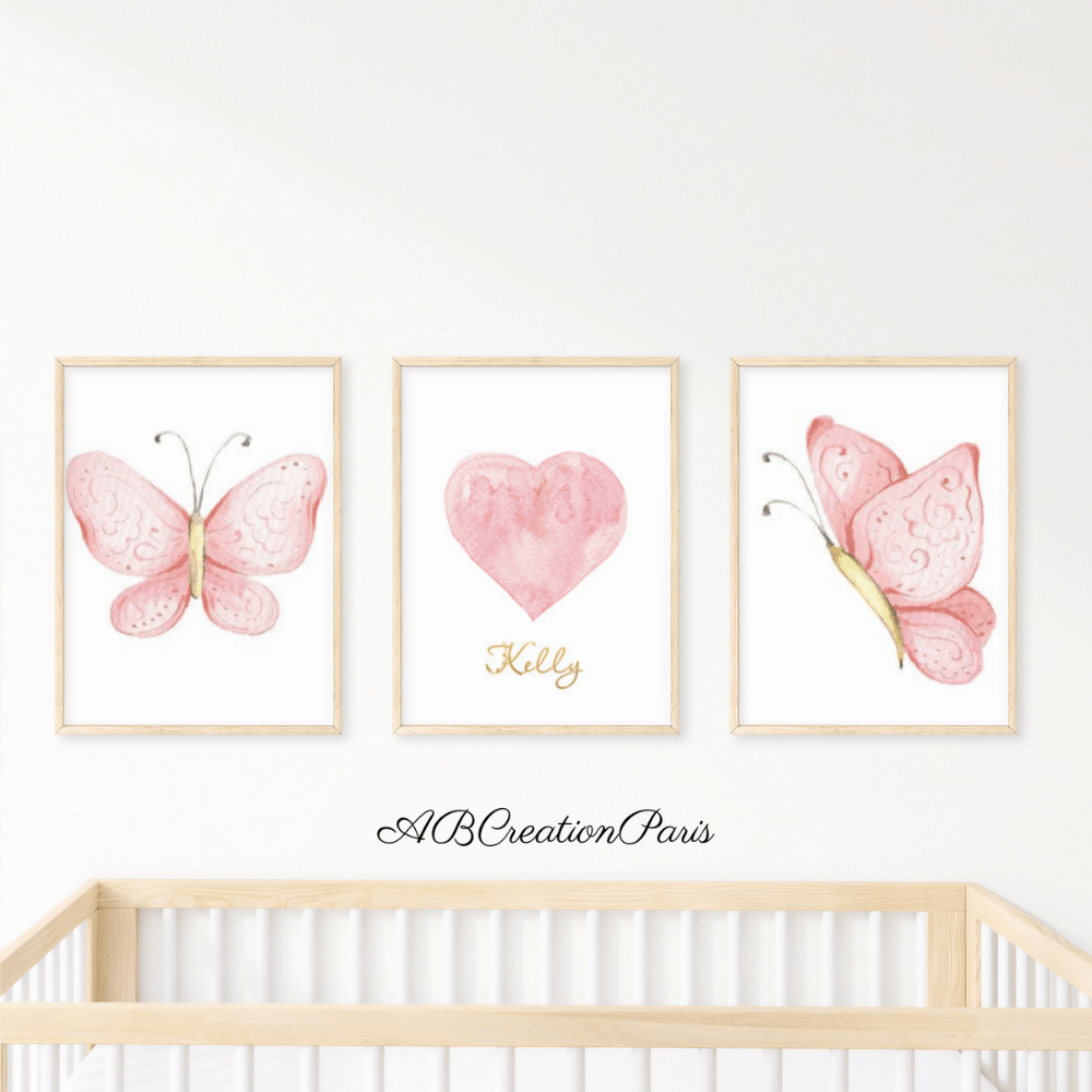 trio d'affiche aquarelle cœur et papillons couleur rose