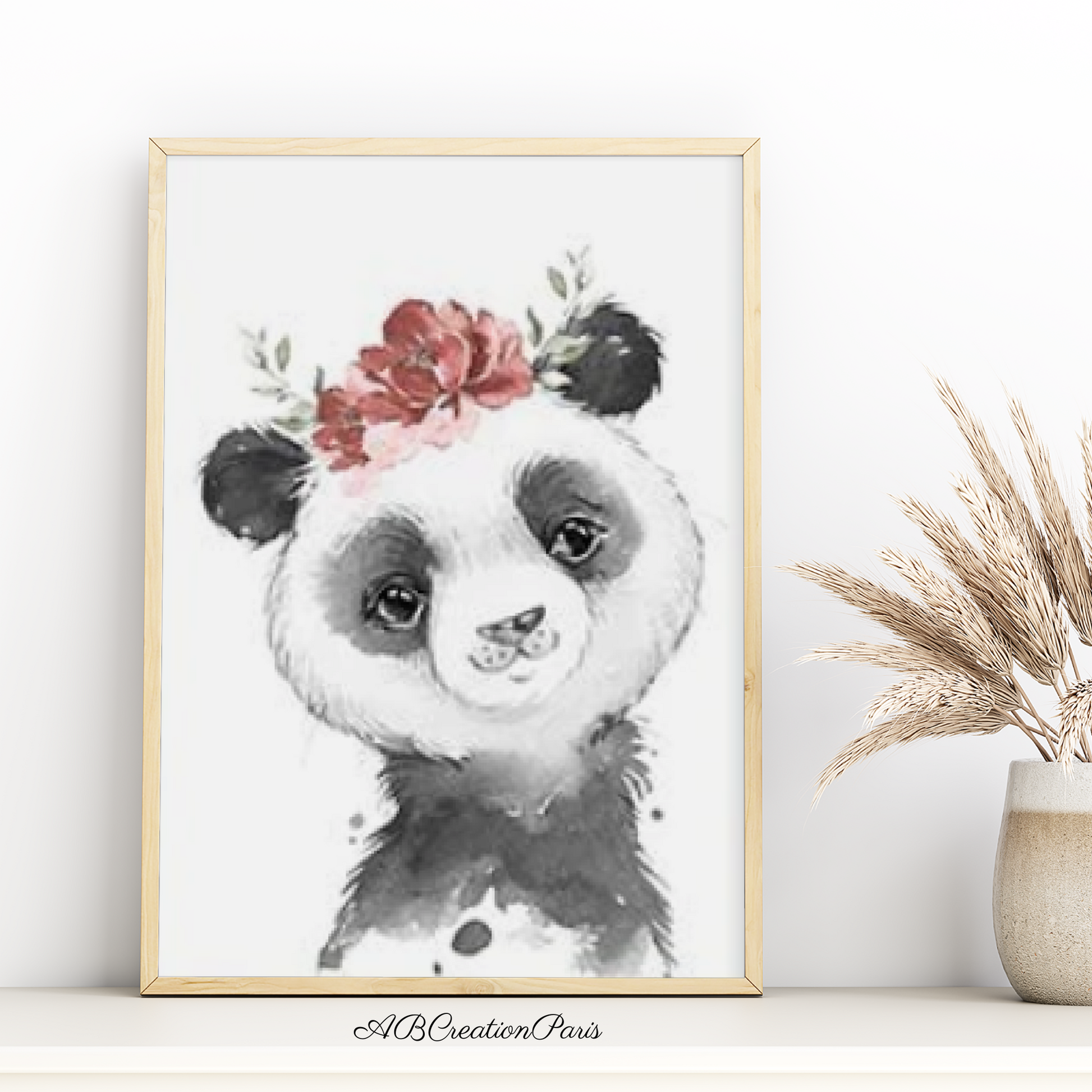affiche panda couronne fleur rouge