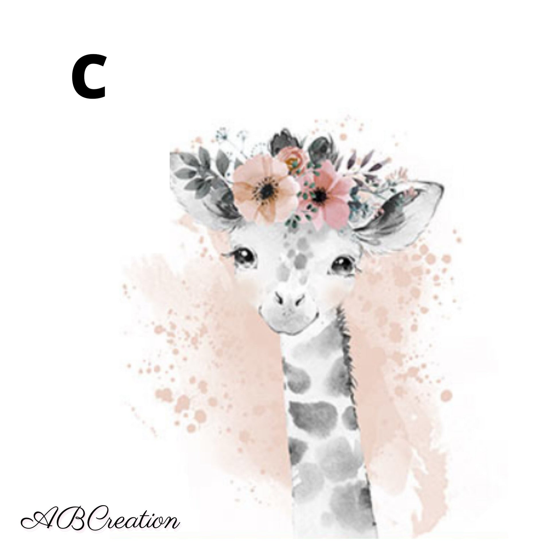 affiche petit girafe, fleur peche et fond aquarelle